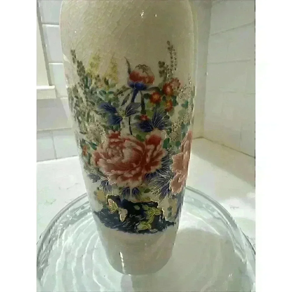 VTG Floral Vase Gold Artmark Japan Blue Red Orange Green Pink 9 in